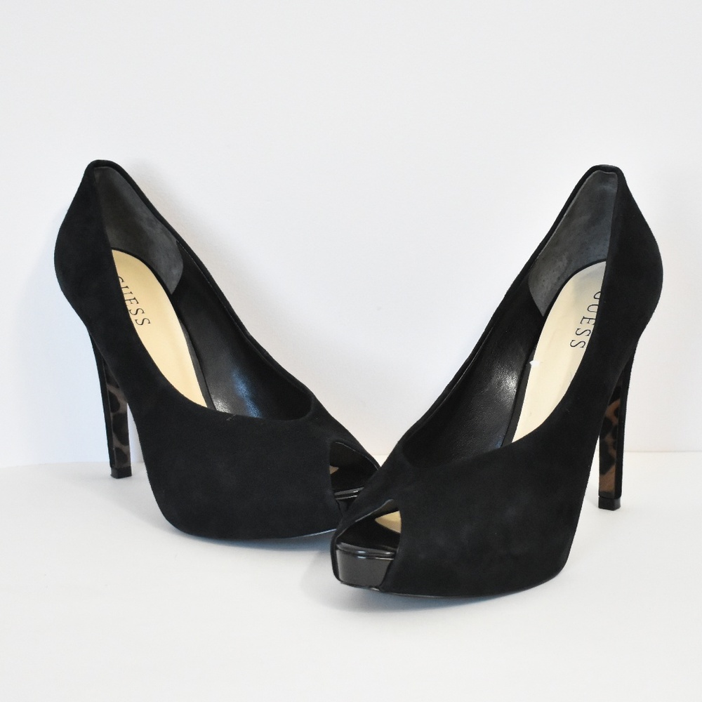 Guess Suede Peep Toe Black Heels size 10M